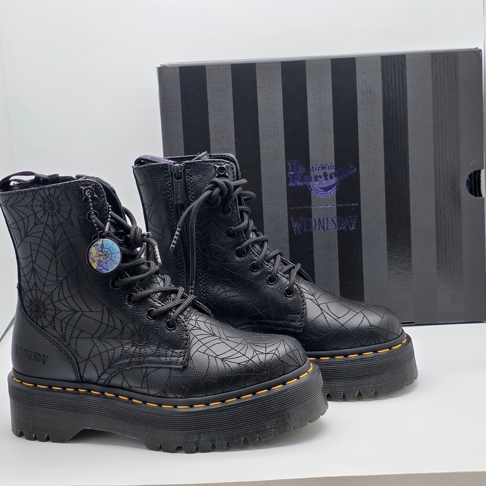 Dr. Martens Jadon Wednesday Addams Boots Womens 7 Black Spiderweb Nappa Lux New - Picture 3 of 15